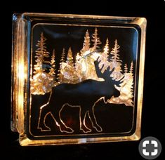 a glass block with an image of a moose and pine trees in the woods on it