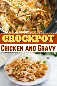 crockpot chicken and gravy in a slow cooker with text overlay