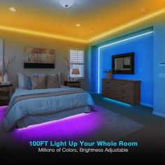 a bed room with a neatly made bed and purple lighting