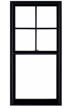 a black window with four panes and no glass on the top, against a white background