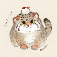 a drawing of a cat with a bird on its head