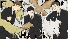 two men in suits are surrounded by birds and dogs as they stand next to each other