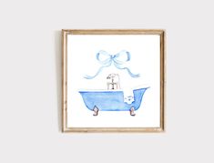 a watercolor drawing of a blue bathtub with a bow