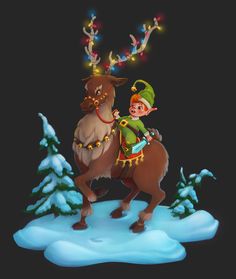 a cartoon character riding on the back of a reindeer