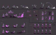 the concept art for an animated movie is shown in purple and black colors, with different stages