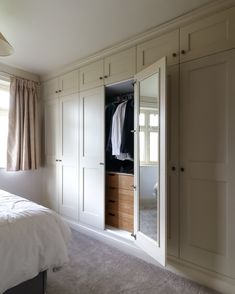 an empty bedroom with white walls and closets