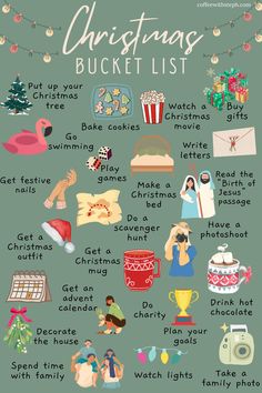 a christmas bucket list with pictures and words