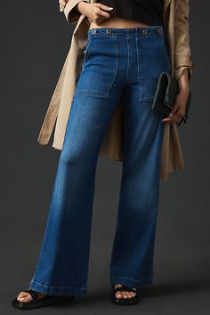 Equal parts clean and casual, the Kit delights with a pocketless design, a roomy wide leg, and a cinch detail for that just-so fit. | The Kit High-Rise Wide-Leg Utility Trouser Jeans by Pilcro in Blue, Women's, Size: 28, Cotton/Elastane/Lyocell at Anthropologie The Kit, Denim Trends, Spring Fashion Trends, Jeans Outfit, Wide Legs, Boho Blouses, Christmas 2024, Street Chic, Fall Looks