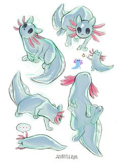 some drawings of different types of sea animals with pink and blue hair on their heads