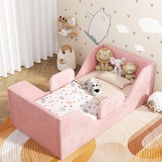 a child's pink bed with teddy bears on the floor and wall behind it