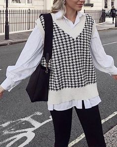 Style Working Girl, Female Waistcoat, Knitted Sweater Vest, Waistcoat Sweater, Houndstooth Sweater, Vest Women, Sweater Vest Women, Sleeveless Pullover, Oversized Pullover