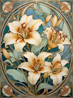 a painting of white flowers on a blue and green background with gold trimmings