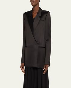 Khaite "Willow" crepe satin jacket with front dart detail    Notch lapels; button front    Long sleeves; button cuffs    Chest welt pocket; waist besom pockets    Straight fit    Viscose    Dry clean    Made in USA Satin Jacket, Satin Jackets, Leather Jackets Women, Crop Jacket, Bergdorf Goodman, Dart, Welt Pocket