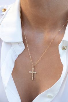 "Dainty cross necklace. Perfect for layering or on its own. ------------------------------- M A T E R I A L S * A N D * S I Z I N G 14 Karat gold filled Cross charm 9x13mm 14 Karat gold filled chain and components -------------------------------- W H A T * I S * G O L D * F I L L E D * G O L D * P L A T E D * A N D * V E R M E I L * M A T E R I A L GOLD FILLED: - Under normal wearing conditions and with proper care, your gold filled jewelry should last a long time. - 14 Karat Gold-Filled jewelry Big Cross Necklace, Large Cross Necklace, Layered Cross Necklace, Cross Necklace Gold, Dainty Cross Necklace, Layered Crosses, Big Cross, Crucifix Necklace, Necklace Big