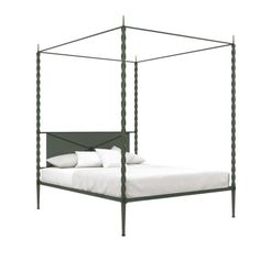 a bed with four posts and pillows on it's sides, against a white background