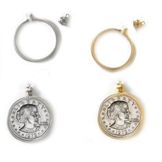 three different types of rings and pendants on a white surface, one with a coin in the middle