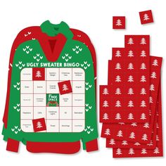 ugly sweater bingo game with red and green christmas trees on the front, surrounded by matching napkins