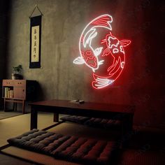 a room with a lit up fish on the wall