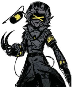 a black and yellow drawing of a man in armor with claws on his head, holding a