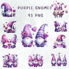 purple gnomes with hearts and flowers are shown in this digital clipart set for use on