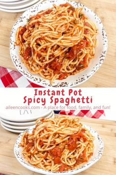 two plates filled with spaghetti on top of a wooden table