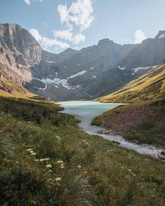 there is a mountain lake in the middle of this field with wildflowers on it