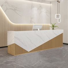 an office lobby with marble and wood accents on the walls, along with modern lighting