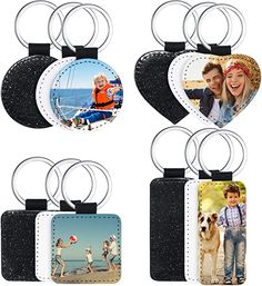 four different keychains with pictures on them and one has a heart shaped tag attached to it