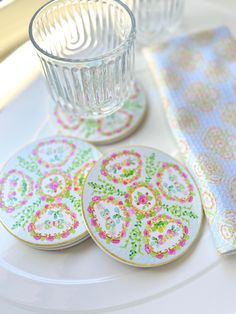 A perfect complement to your granny chic barware! Set of 4 ceramic coasters featuring a beautiful china medallion pattern. All 4 coasters printed with the same pattern. This Coaster set makes a thoughtful gift idea for a first home, engagement or wedding. Bridesmaid proposal or girls getaway trip. Also great as a holiday gift or treat for yourself!  All coasters are printed in-house with permanent inks. Made from ceramic, these round coasters have a glossy finish and a cork bottom.  Each coaster Cute Coasters, Printed Coasters, Girls Getaway, Granny Chic, Ceramic Coasters, Bridesmaid Proposal, First Home, Custom Paint, Coaster Set