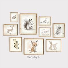 nine framed animal prints in various sizes and colors, with the words nure valley art above them