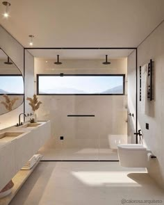 a modern bathroom with two sinks and mirrors