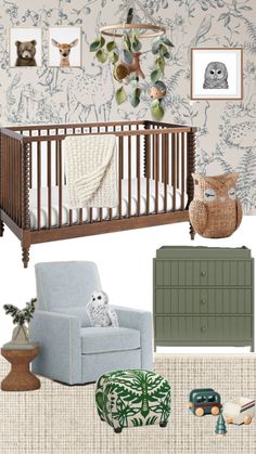 a baby's nursery room with green and blue decor, including a crib