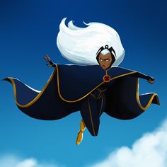 a cartoon character flying through the air with her arms outstretched and head tilted to the side