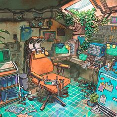 this is an image of a computer room with plants on the desk and other items