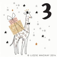 a giraffe with a present on it's back in front of the number three