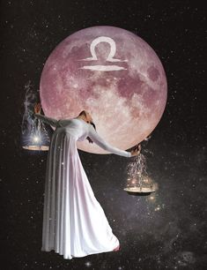 a woman in white dress holding the moon and libra symbol above her head with two scales on each side