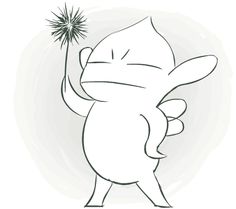 a cartoon character holding a sparkler in one hand and pointing to the side with both hands