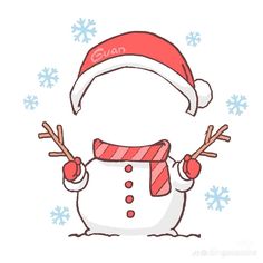 a cartoon snowman wearing a santa hat and holding his hands up in the air