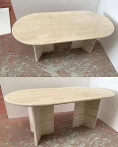 two images of the same table in different stages of being used to make a coffee table