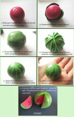 the instructions for how to make green and red fruit cakes with fondant icing