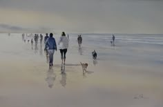 a painting of people walking on the beach with a dog in front of them,