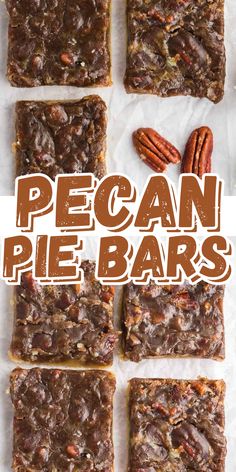 pecan pie bars with pecans on top and the words pecan pie bars above them