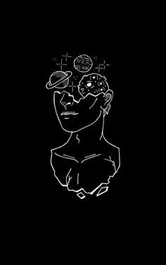 a black and white drawing of a man's head with planets above his head