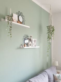 a living room with green walls and hanging plants