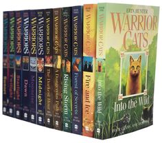 a row of children's books about warriors cats