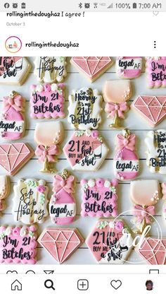 the cookies are decorated with pink and white icing on top of each other in different designs