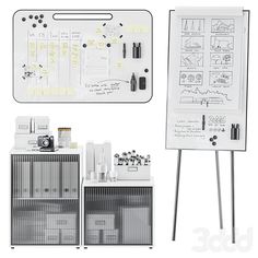 a white board with writing on it next to two easels and pens in front of it