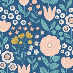 an illustration of flowers and leaves on a blue background with white, pink, yellow and green colors