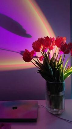 a vase filled with red flowers sitting on top of a table next to a laptop computer