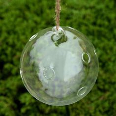 a clear bubble ornament hanging from a rope in front of some green grass